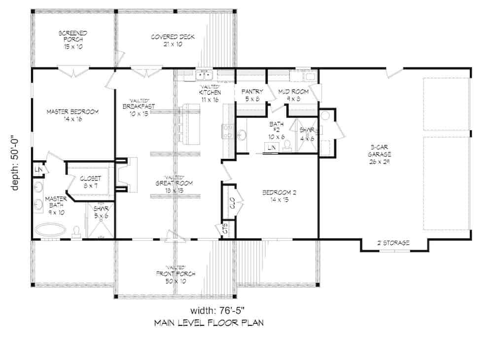 Floor Plan Main Level of Ranch Plan #196-1196