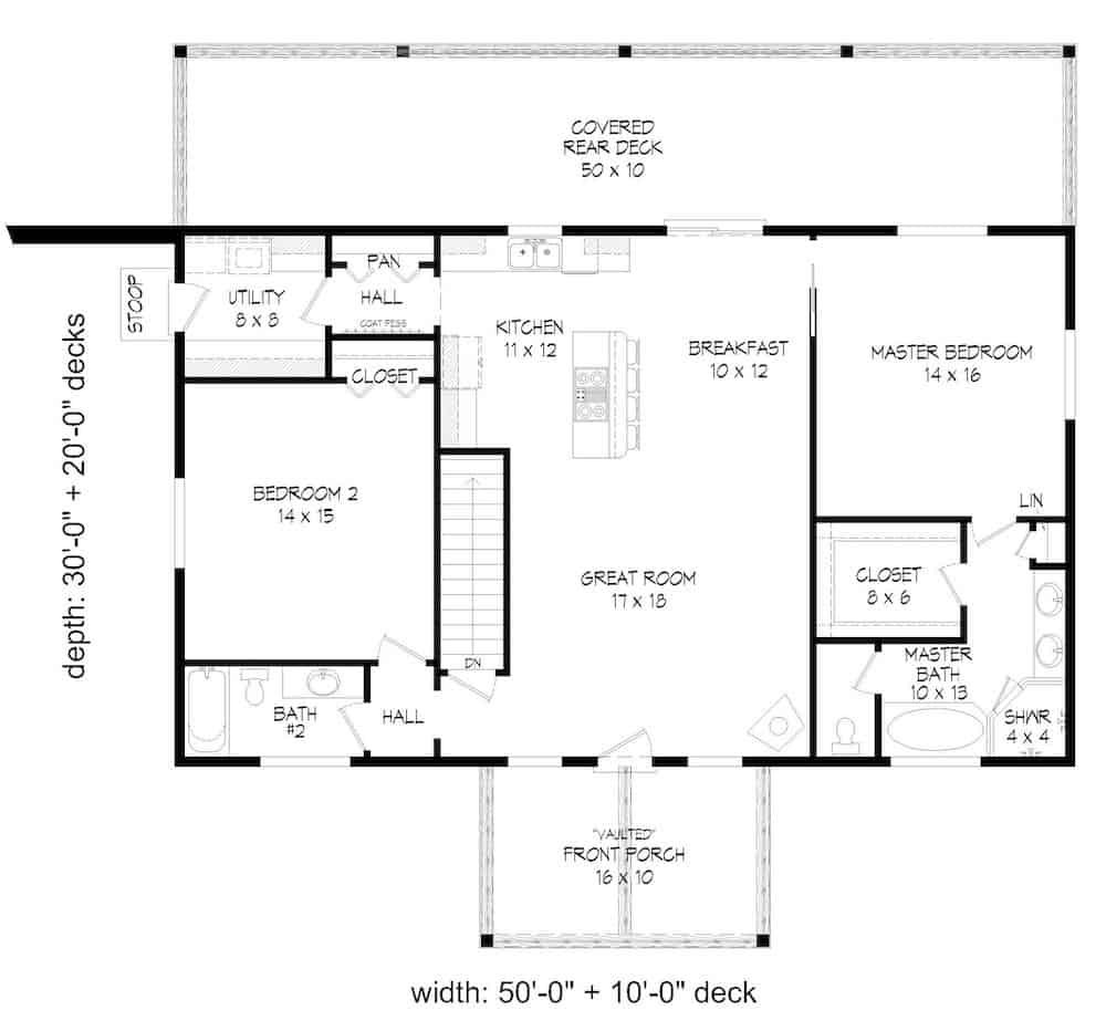 Floor Plan Main Level of Ranch Plan #196-1197