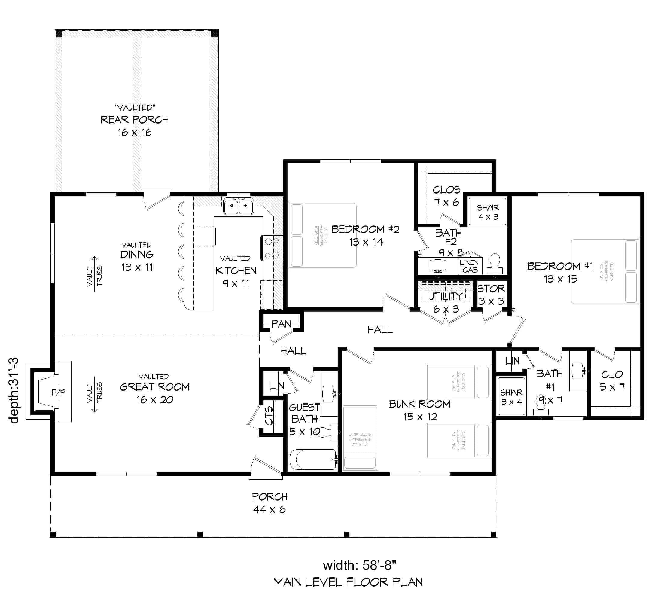 Floor Plan Main Level of Ranch Plan #196-1198