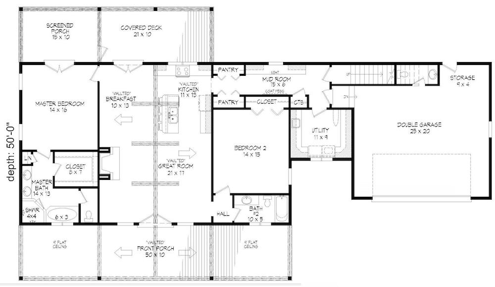Floor Plan Main Level of Ranch Plan #196-1200