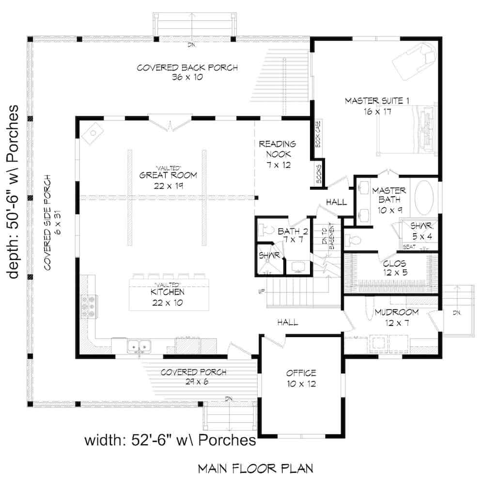 Floor Plan Main Level of Farmhouse Plan #196-1201