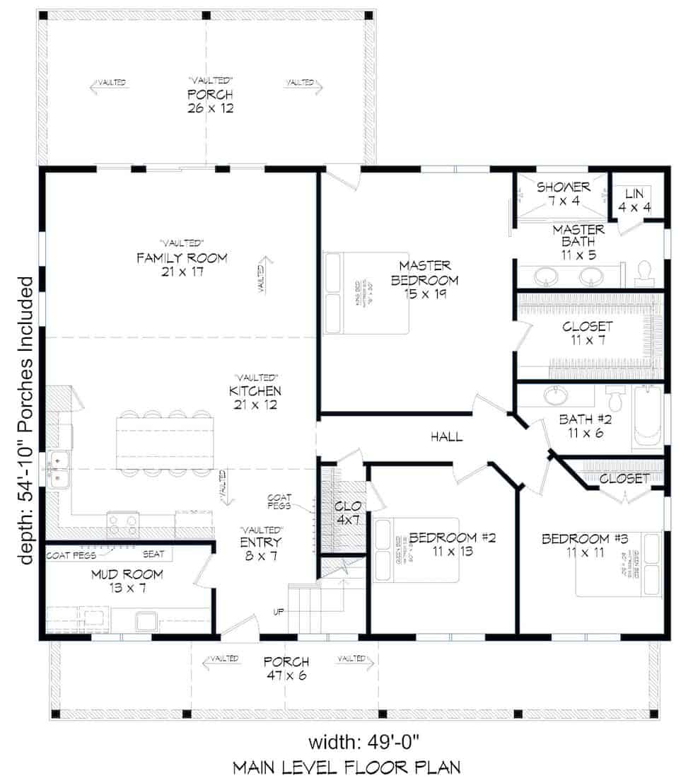 Floor Plan Main Level of Farmhouse Plan #196-1202