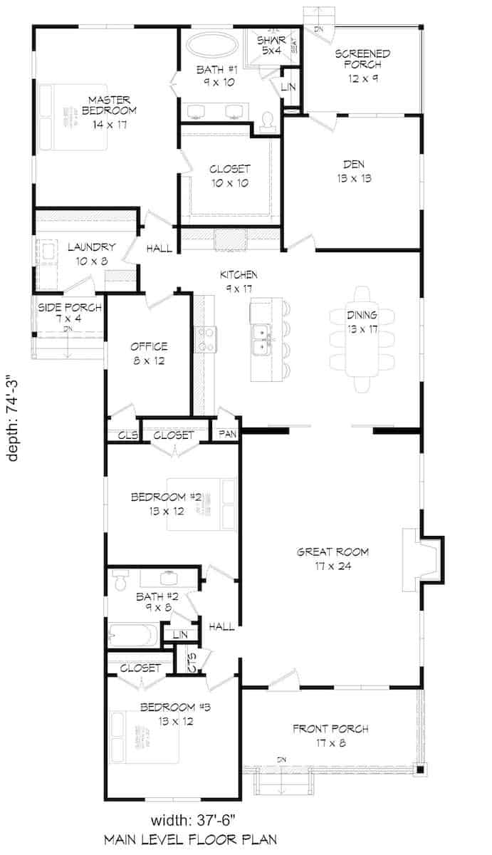 Floor Plan Main Level of Ranch Plan #196-1203