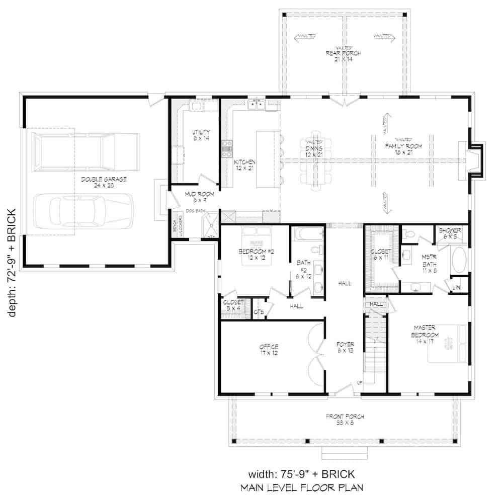 Floor Plan Main Level of Farmhouse Plan #196-1204