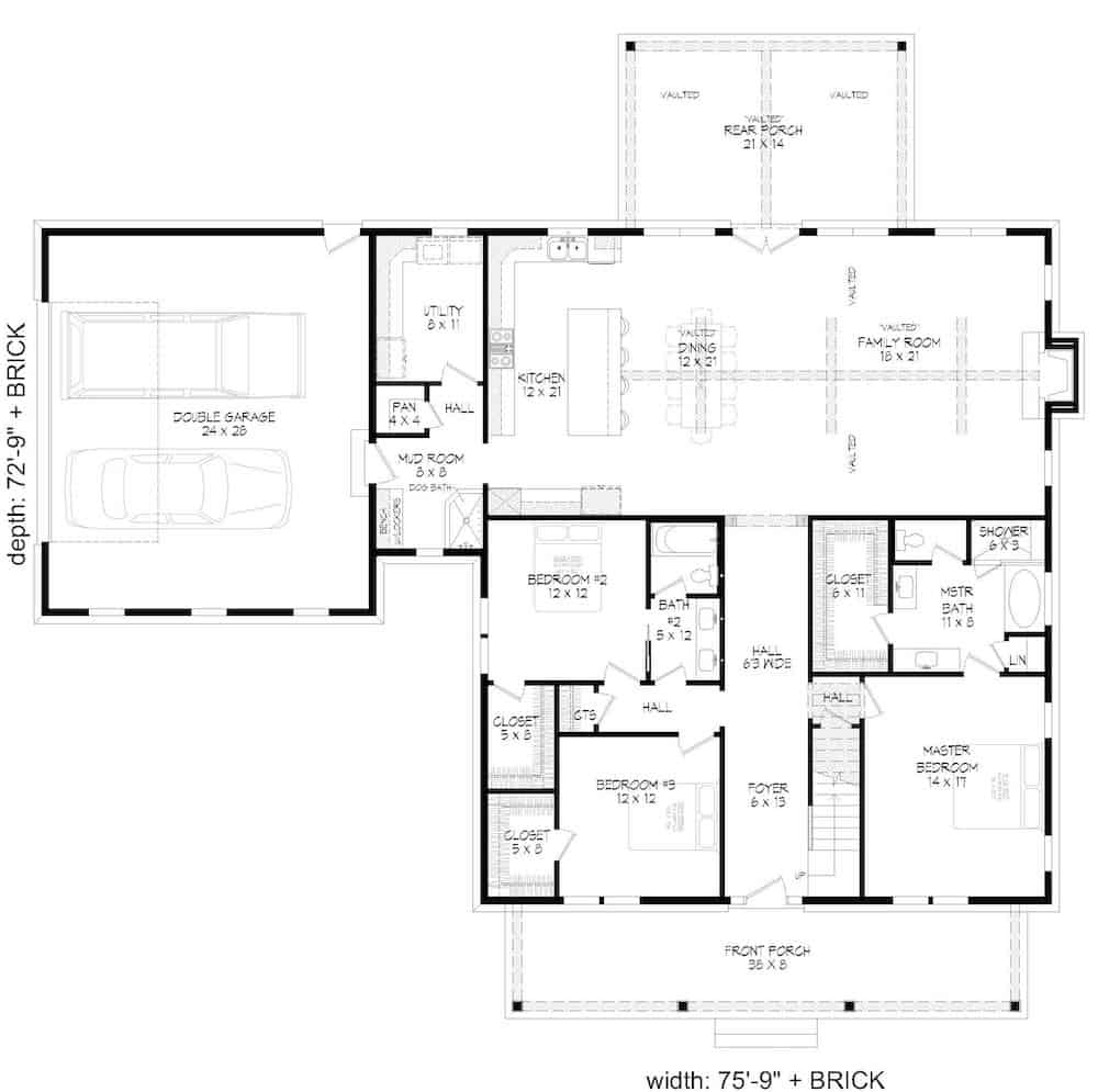 Floor Plan Main Level of Farmhouse Plan #196-1205