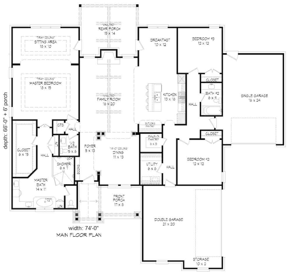 Floor Plan Main Level of Ranch Plan #196-1206