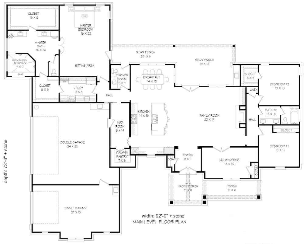 Floor Plan Main Level of French Plan #196-1209