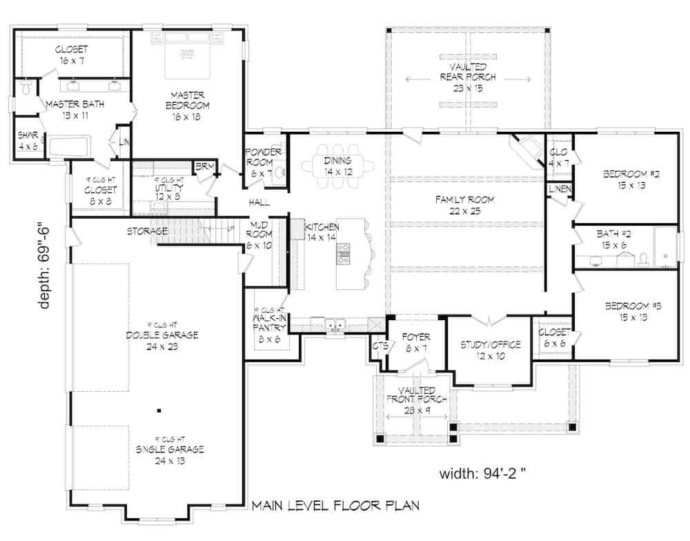 Floor Plan Main Level of French Plan #196-1210