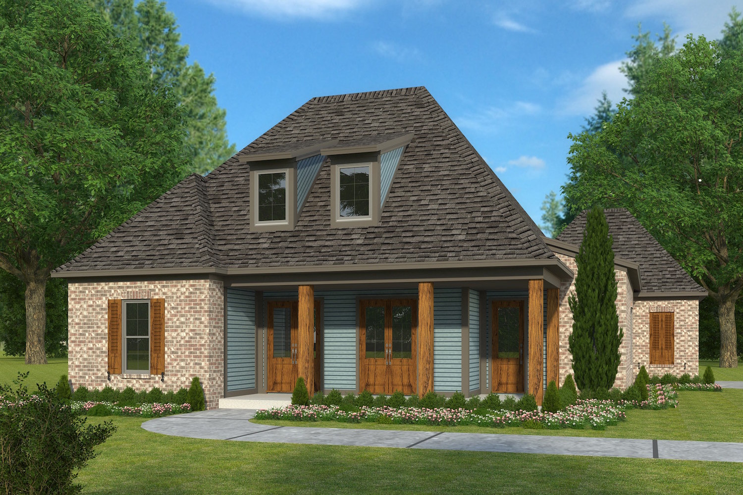 Front elevation of French home (ThePlanCollection: House Plan #197-1001)