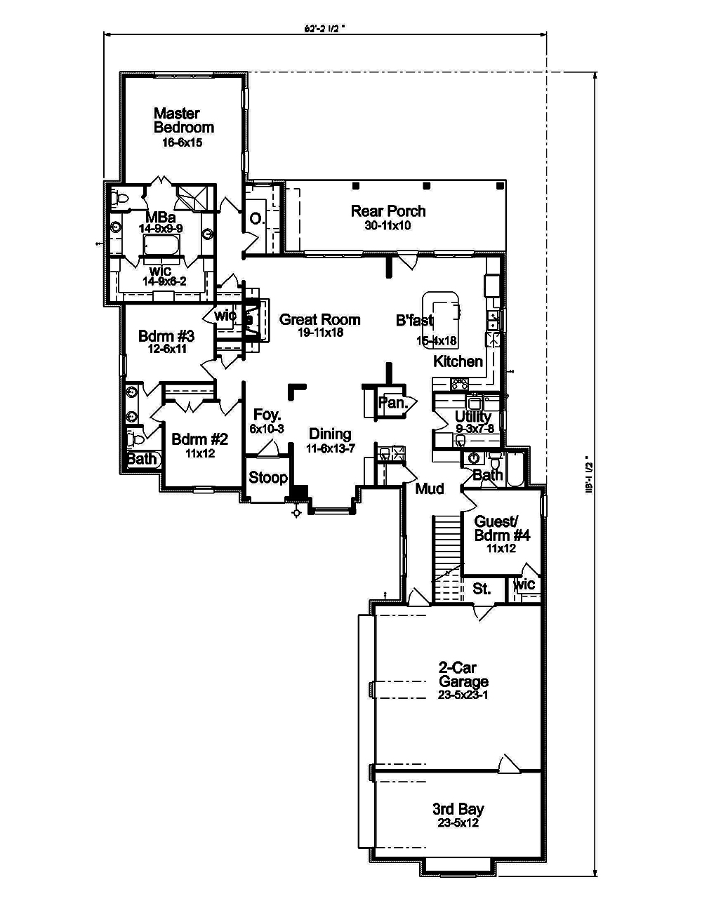 Floor Plan First Story of Acadian Plan #197-1003
