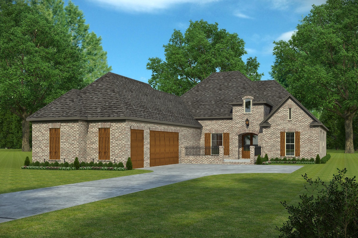 Front elevation of Acadian home (ThePlanCollection: House Plan #197-1005)