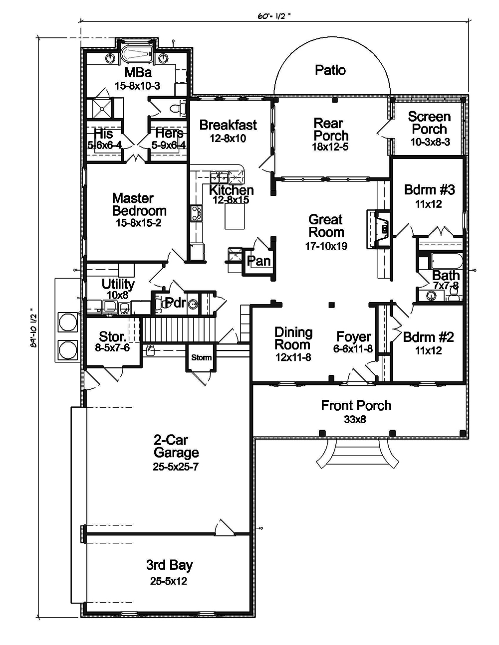 Floor Plan First Story of Acadian Plan #197-1006