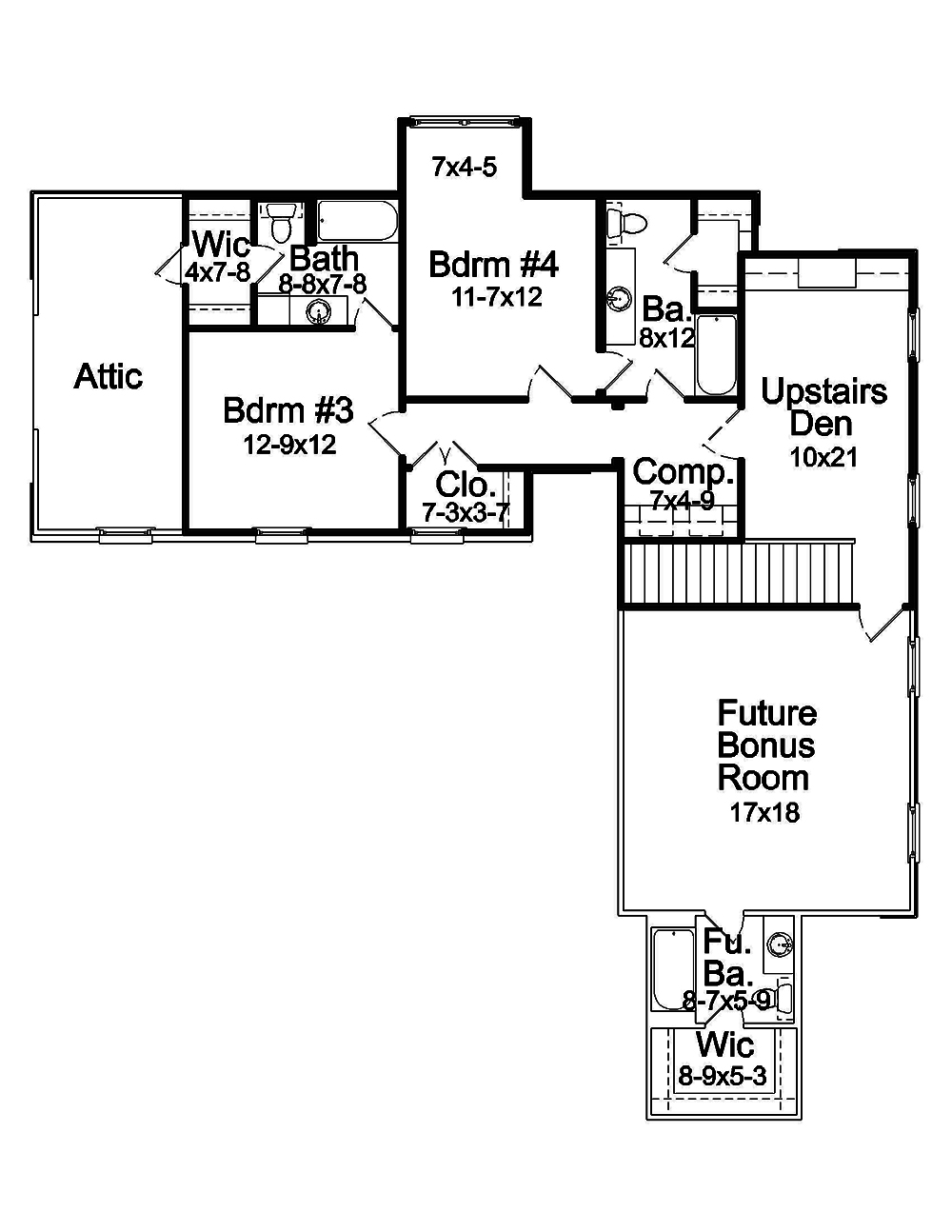 Floor Plan Second Story of French Plan #197-1008