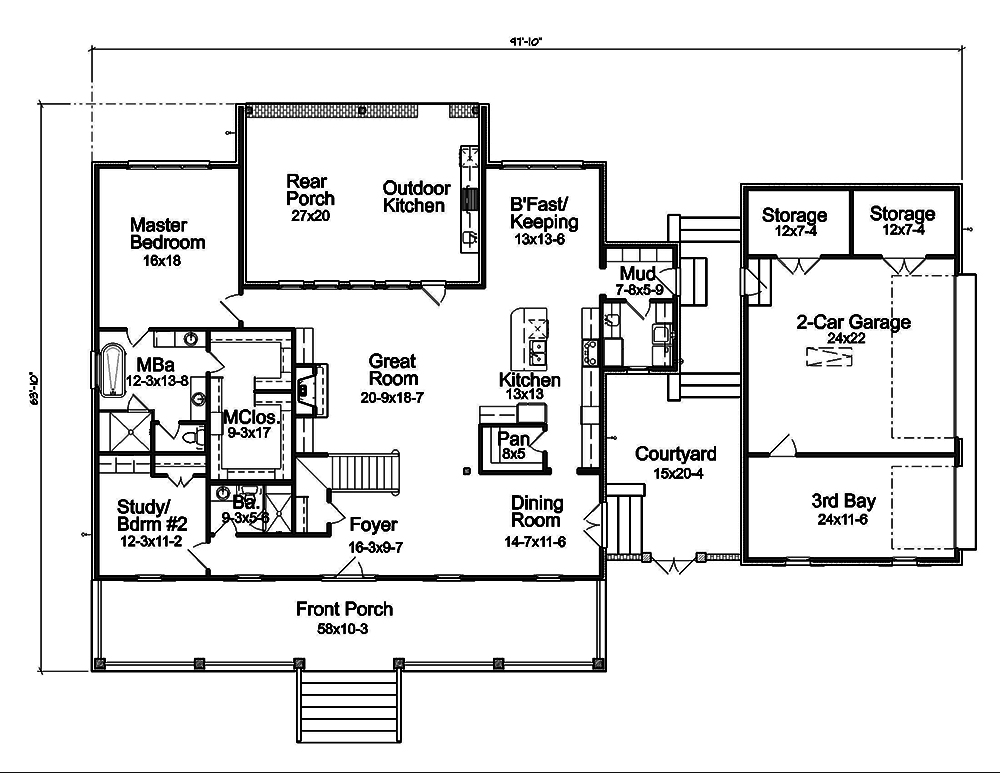 Floor Plan First Story of Acadian Plan #197-1009