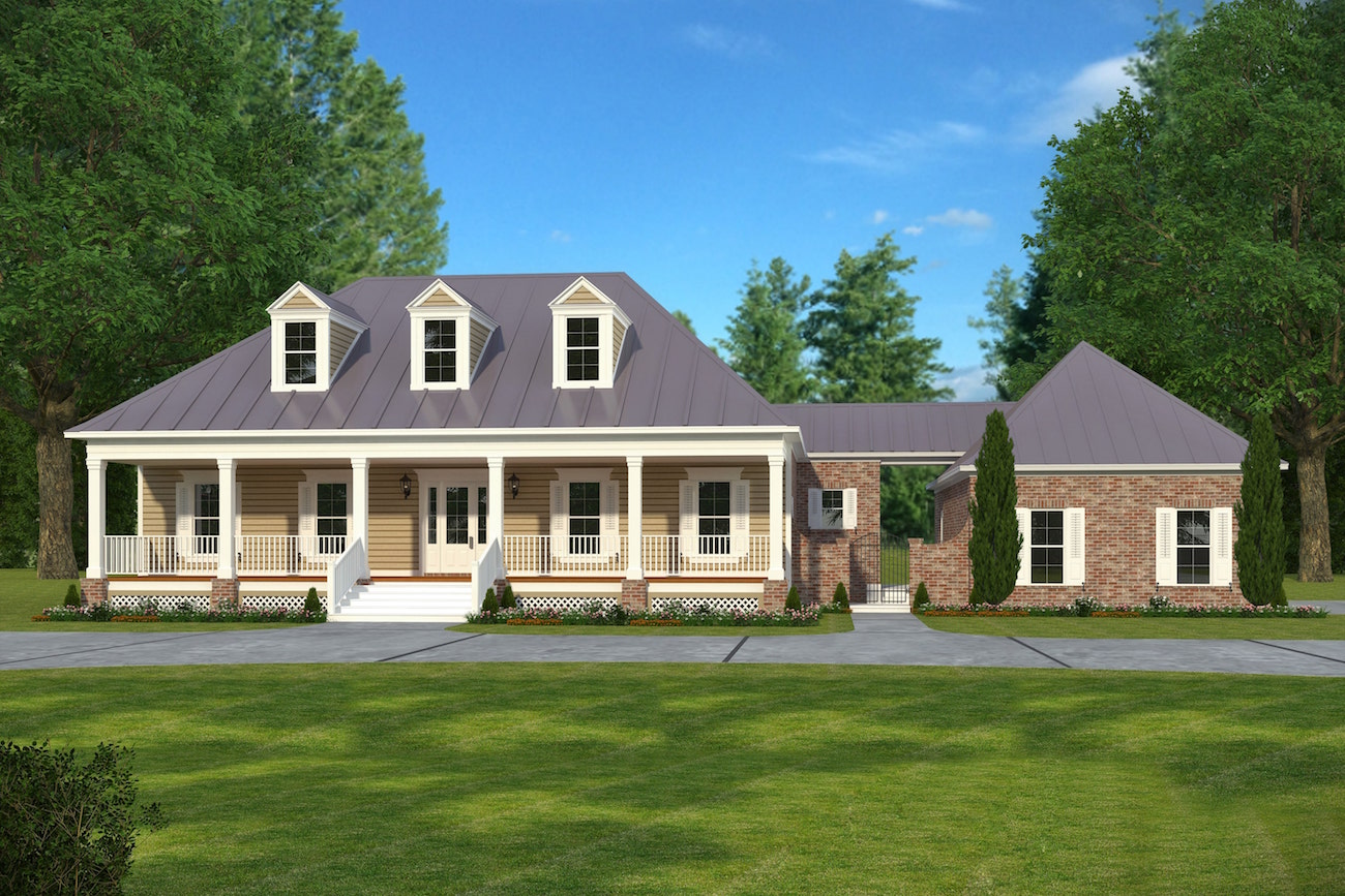 Front elevation of Acadian home (ThePlanCollection: House Plan #197-1009)