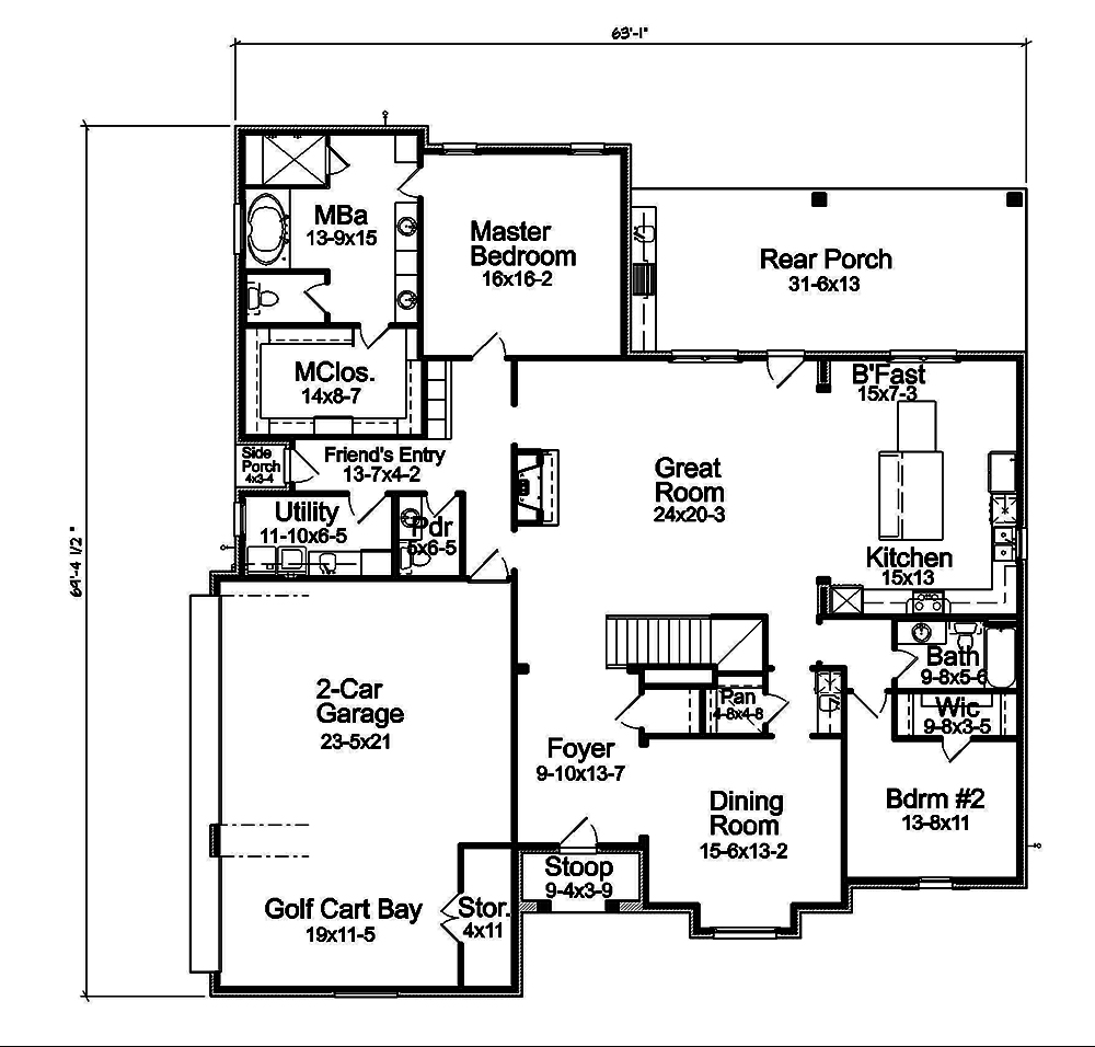 Floor Plan First Story of French Plan #197-1016