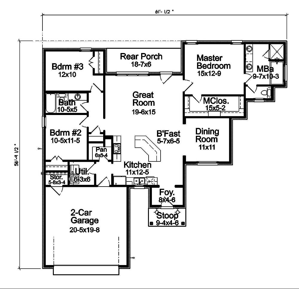 Floor Plan First Story of French Plan #197-1020