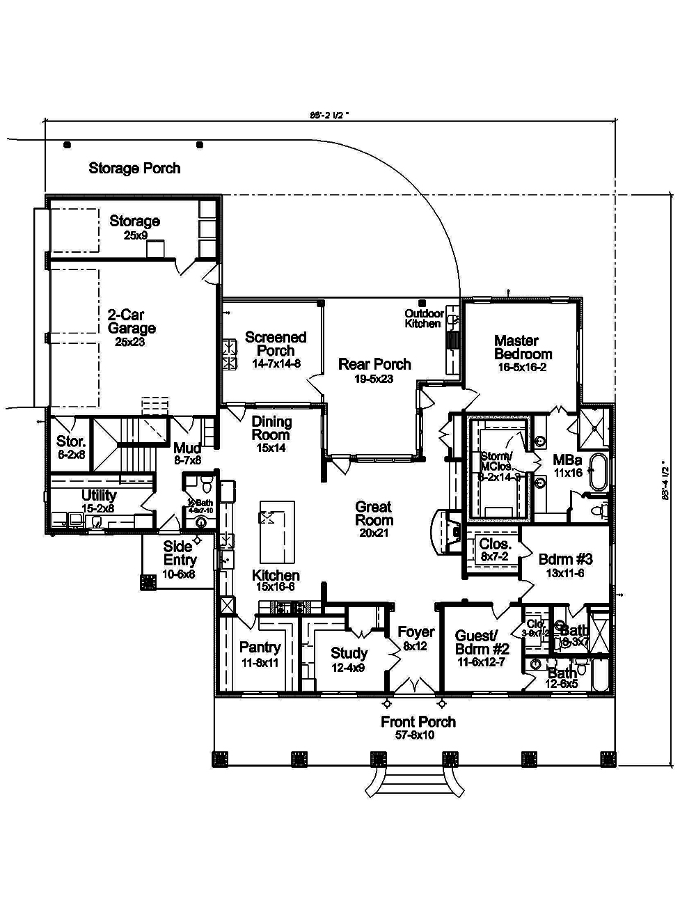 Floor Plan First Story of Acadian Plan #197-1024