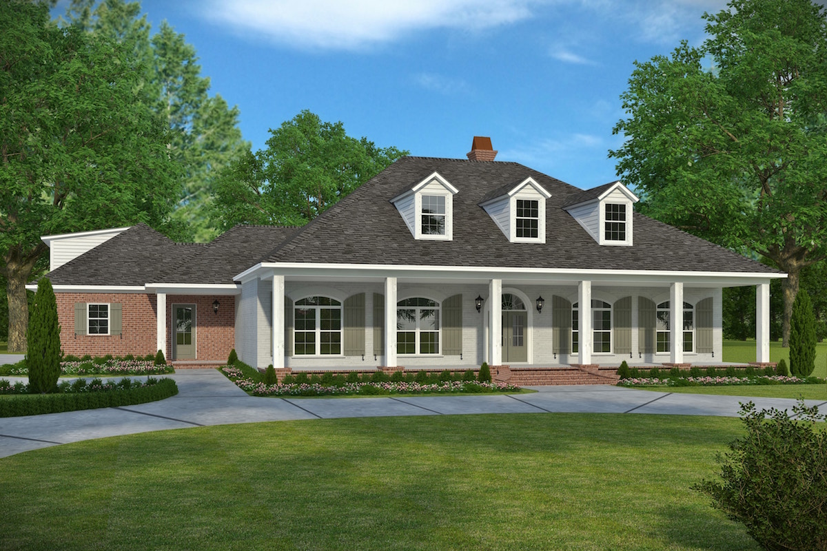 Front elevation of Acadian home (ThePlanCollection: House Plan #197-1024)
