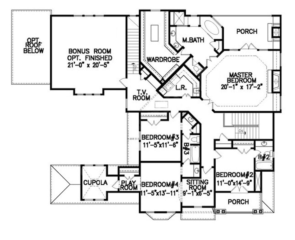 Floor Plan Upper Level of Cape Cod Plan #198-1060