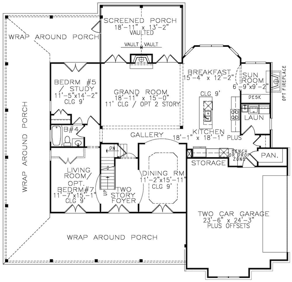 Floor Plan Main Level of Farmhouse Plan #198-1068