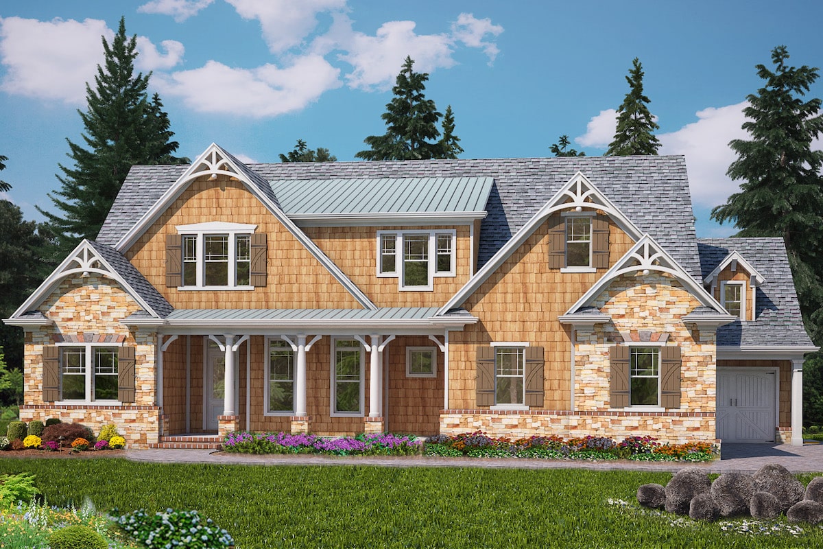 Front elevation of Arts and Crafts home (ThePlanCollection: House Plan #198-1084)