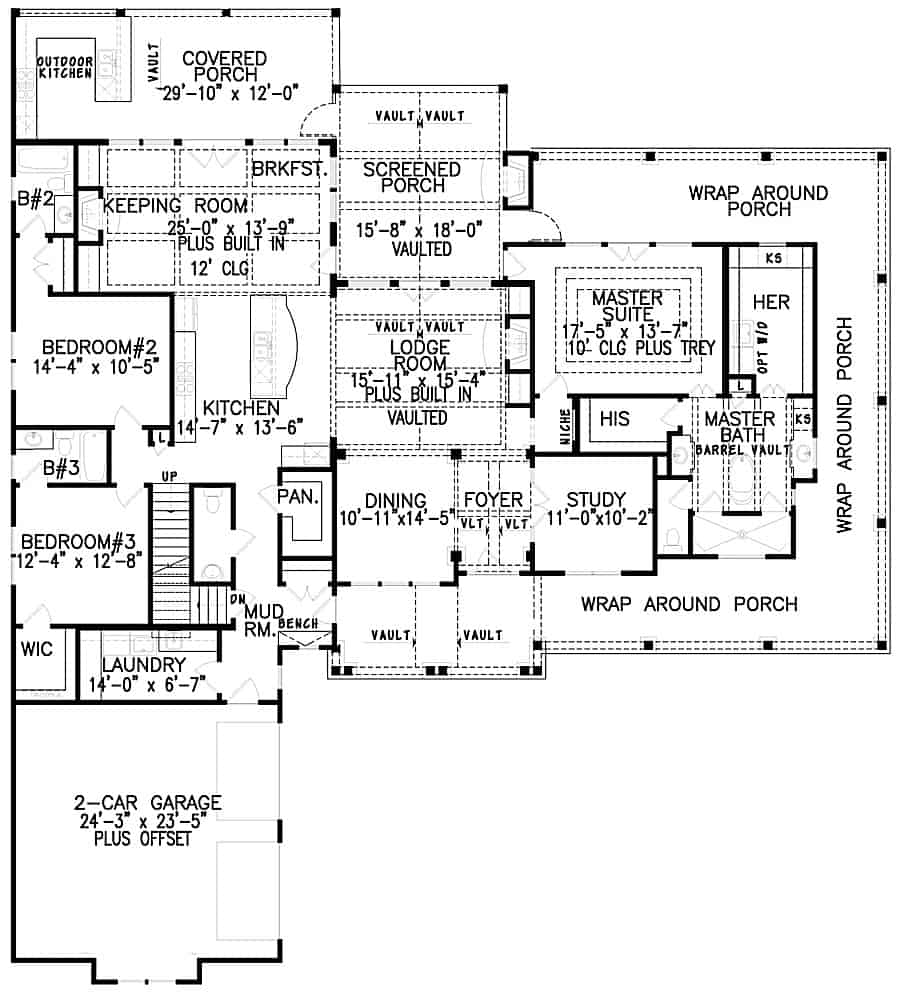 Floor Plan Main Level of Farmhouse Plan #198-1121