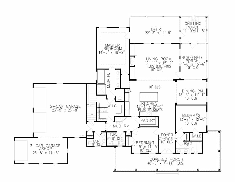 Floor Plan Main Level of Ranch Plan #198-1124