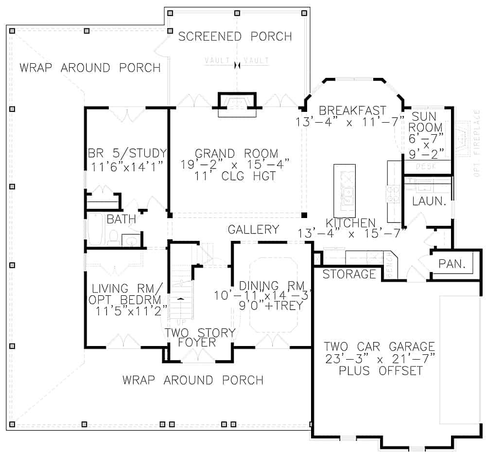 Floor Plan Main Level of Farmhouse Plan #198-1127