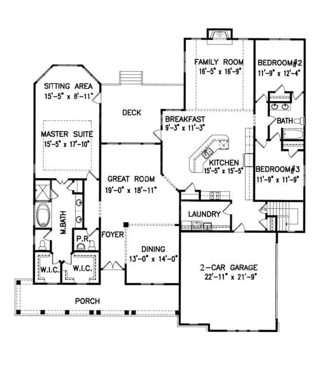 Floor Plan Main Level of Farmhouse Plan #198-1130