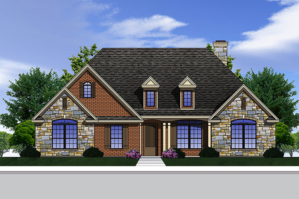 Front elevation of European home plan (ThePlanCollection: House Plan #199-1003)