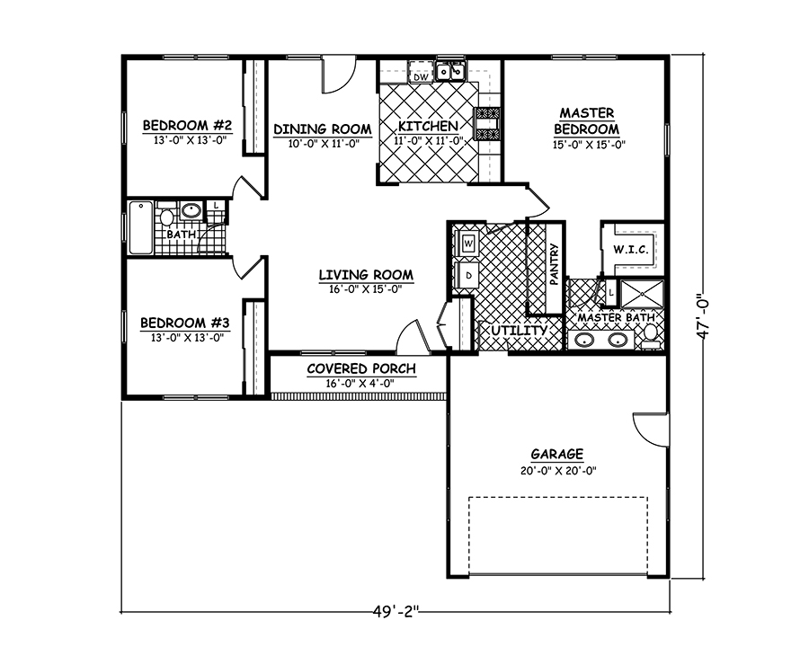 Floor Plan First Story of Ranch Plan #200-1023