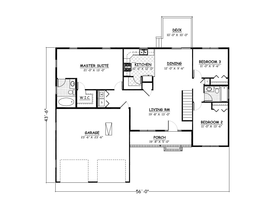 Floor Plan Main Level of Ranch Plan #200-1027