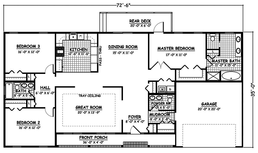 Floor Plan First Story of Ranch Plan #200-1029