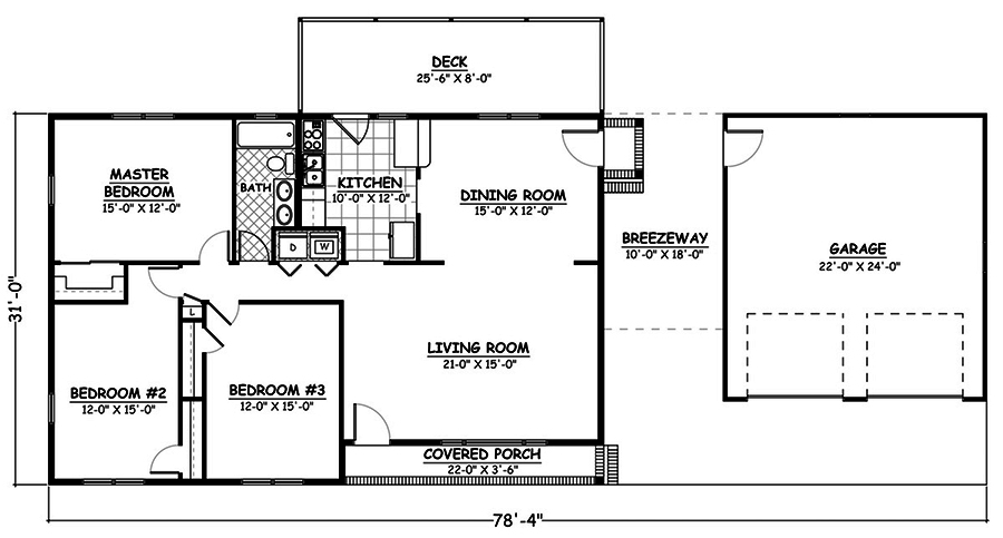 Floor Plan First Story of Ranch Plan #200-1038