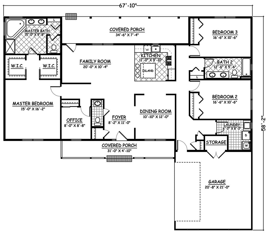 Floor Plan First Story of Ranch Plan #200-1048