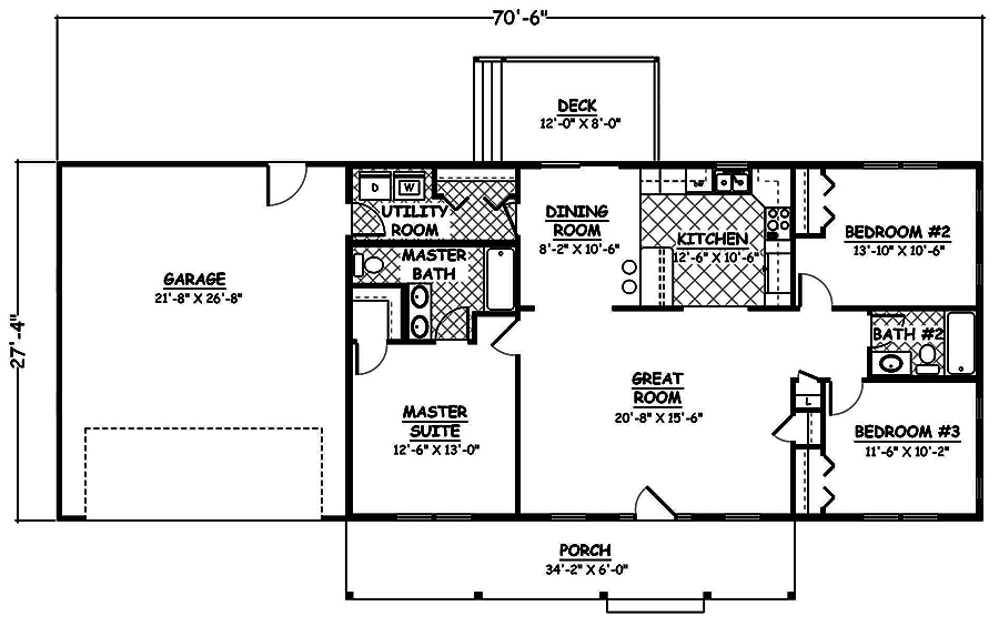 Floor Plan First Story of Ranch Plan #200-1053