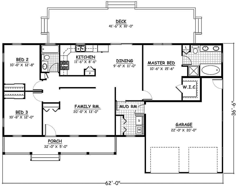 Floor Plan Main Level of Ranch Plan #200-1063