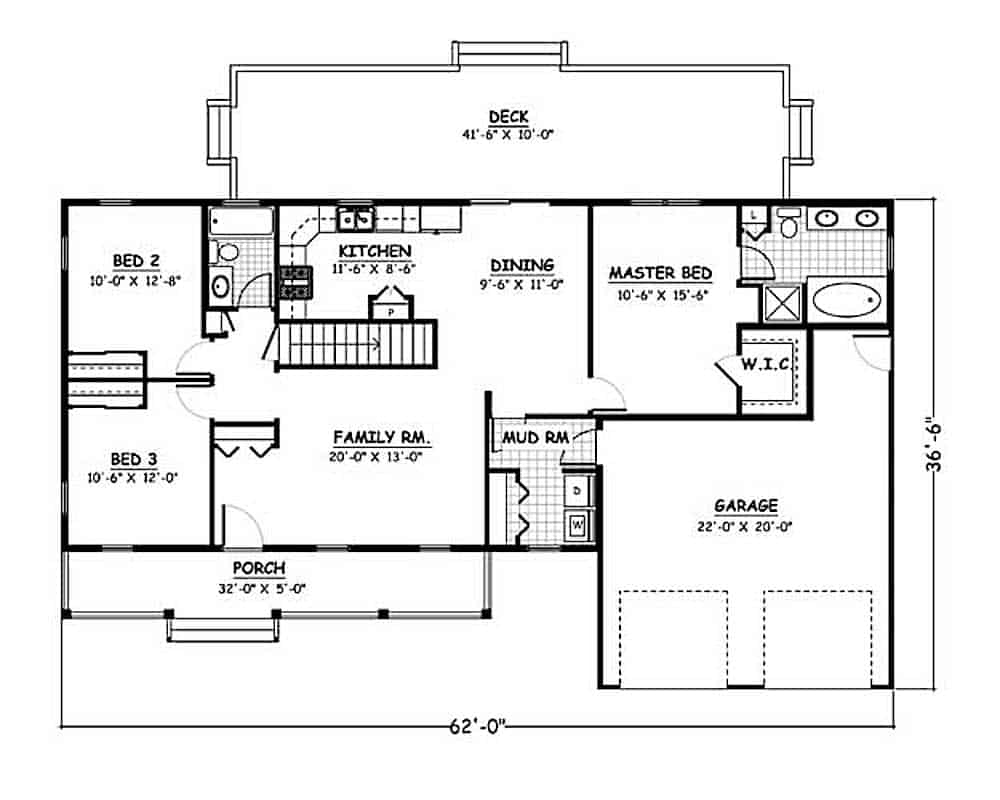 Floor Plan Main Level of Ranch Plan #200-1063