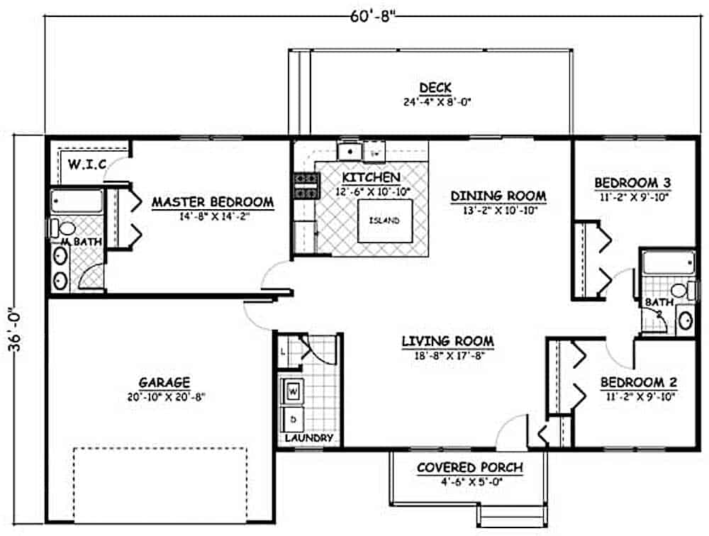Floor Plan Main Level of Ranch Plan #200-1066