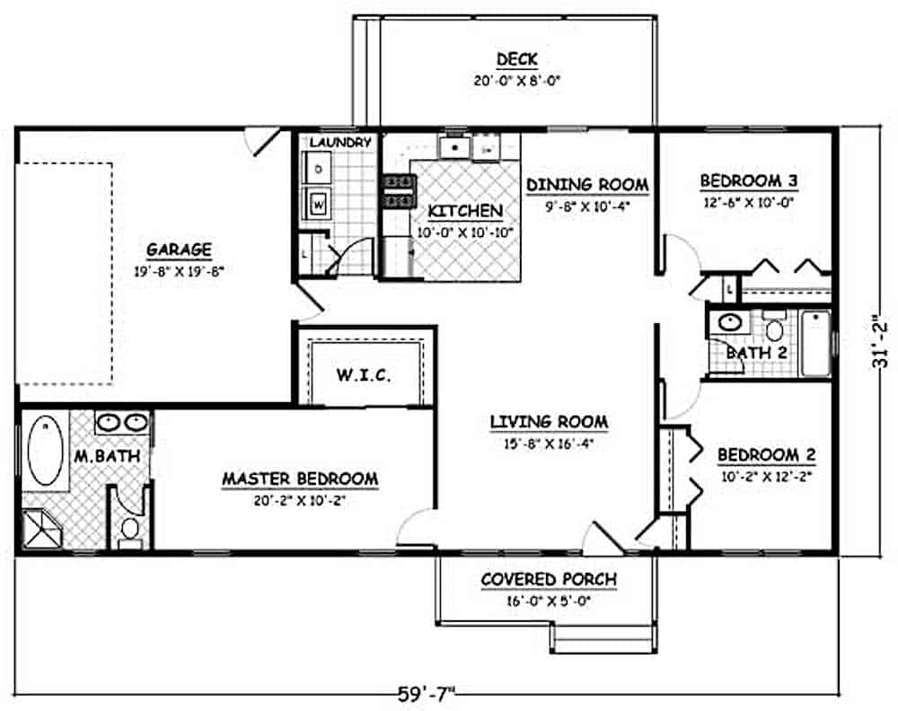 Floor Plan Main Level of Ranch Plan #200-1067