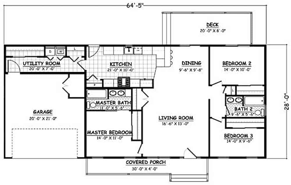 Floor Plan Main Level of Ranch Plan #200-1071