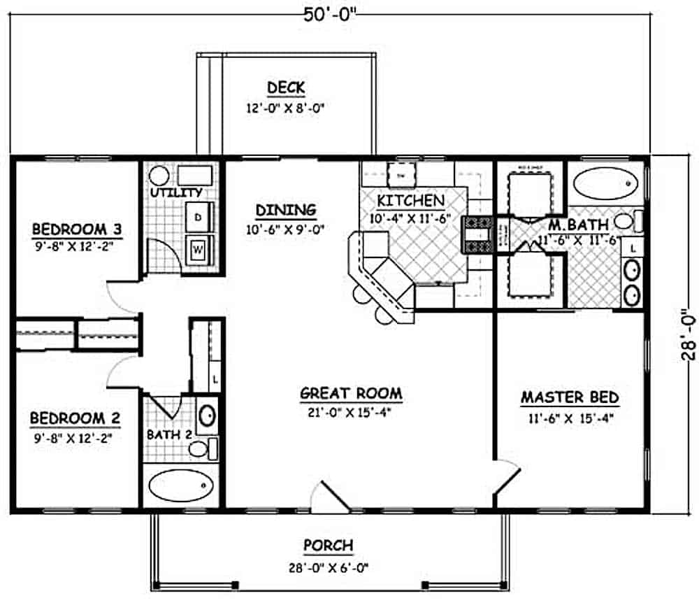 Floor Plan Main Level of Ranch Plan #200-1074