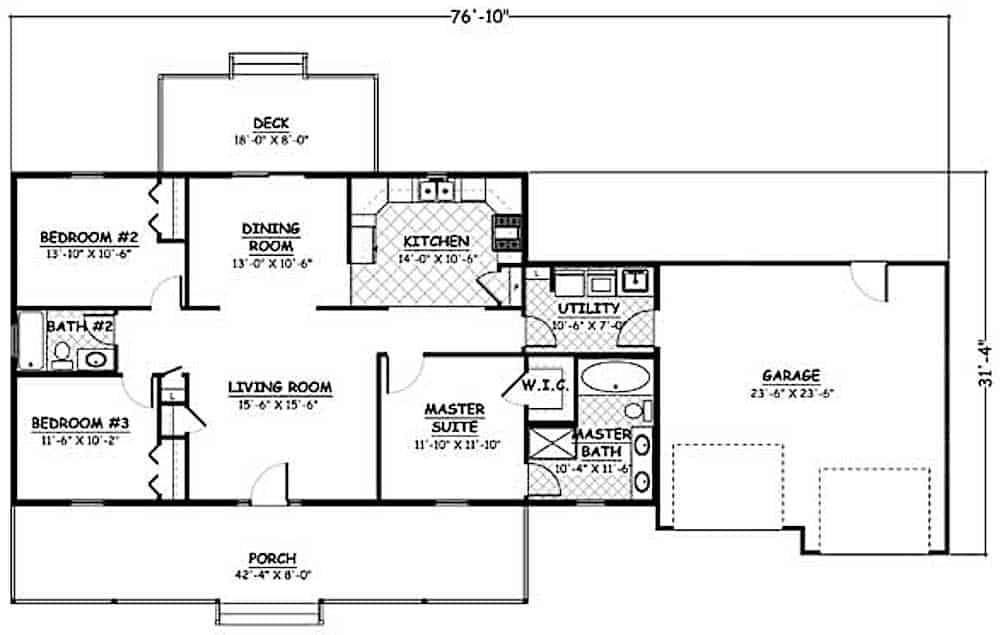 Floor Plan Main Level of Ranch Plan #200-1075
