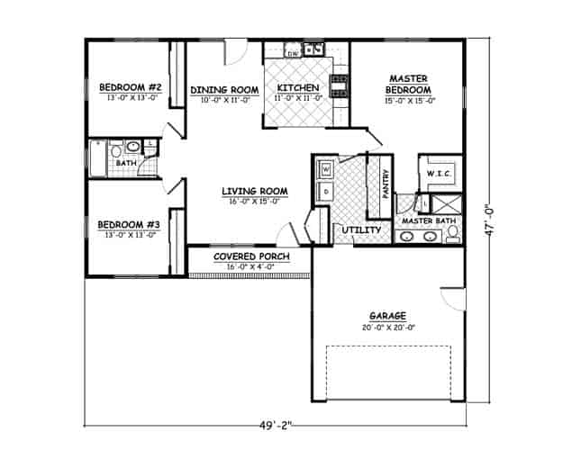 Floor Plan Main Level of Ranch Plan #200-1088