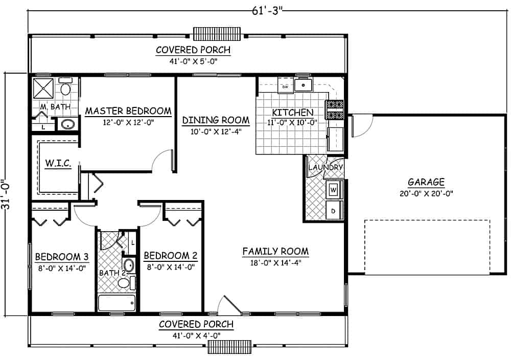 Floor Plan Main Level of Ranch Plan #200-1090
