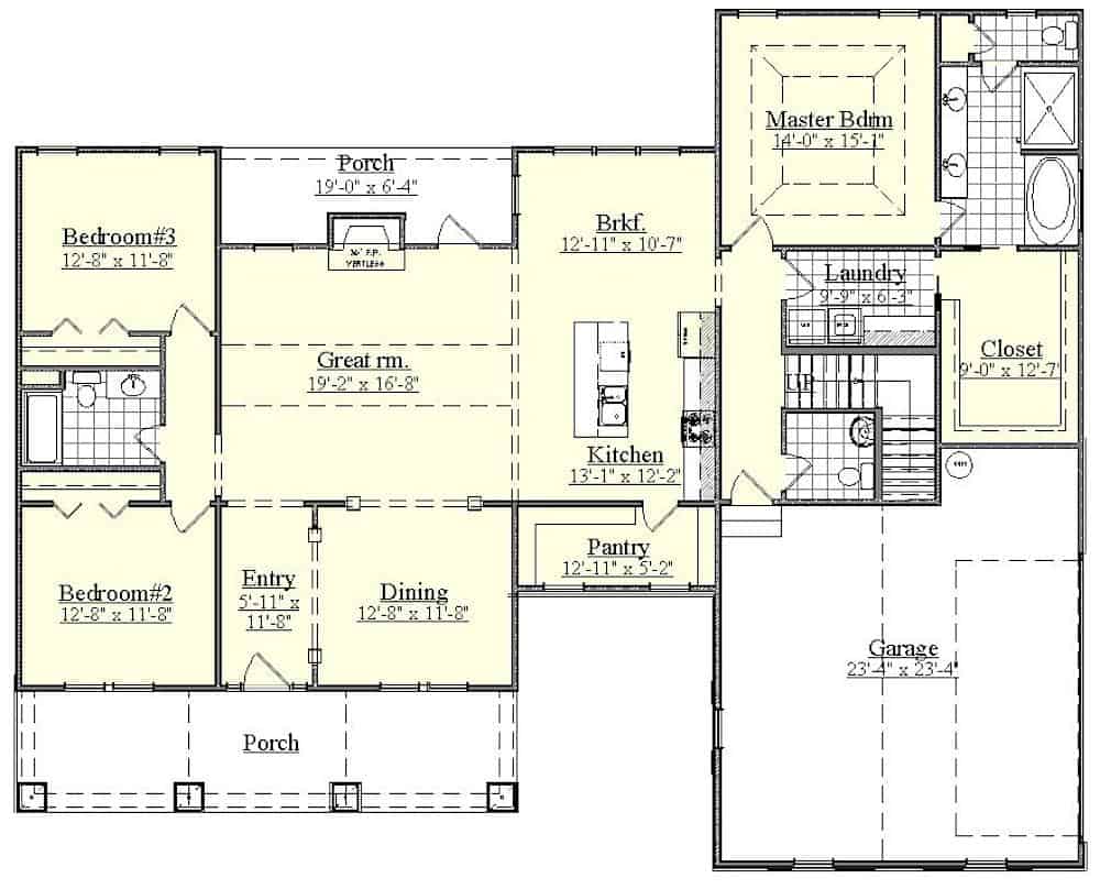 Floor Plan Main Level of Farmhouse Plan #201-1000