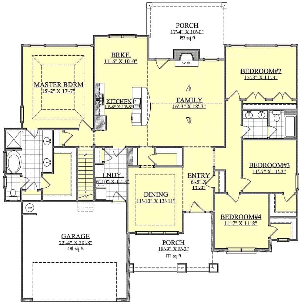 Floor Plan Main Level of Farmhouse Plan #201-1001
