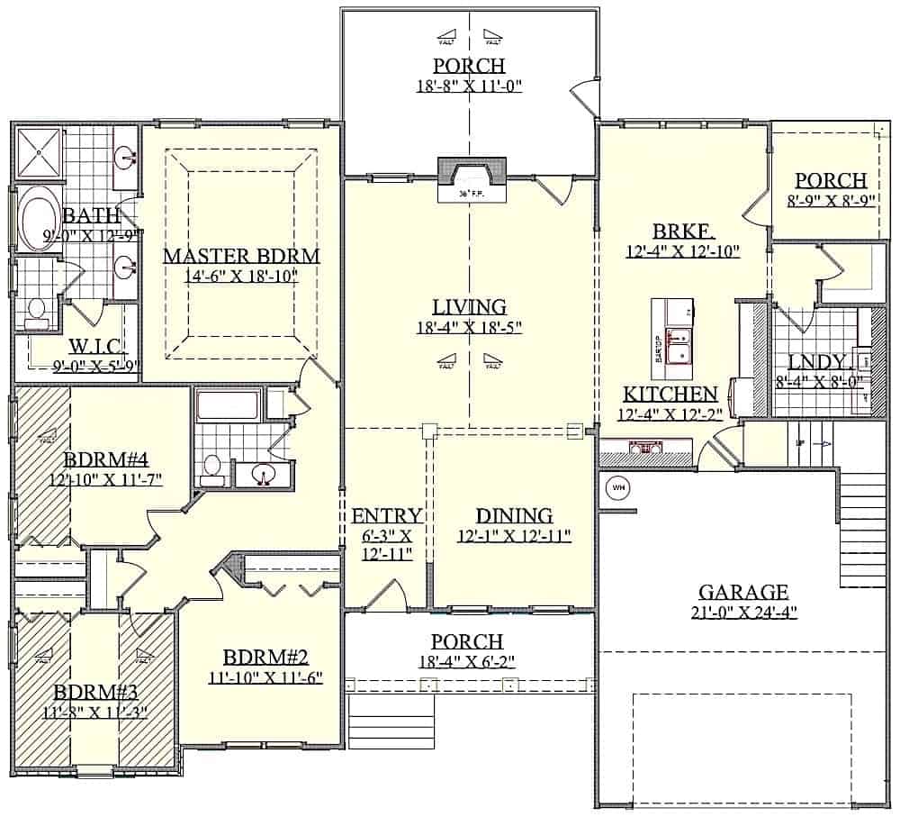 Floor Plan Main Level of Farmhouse Plan #201-1002