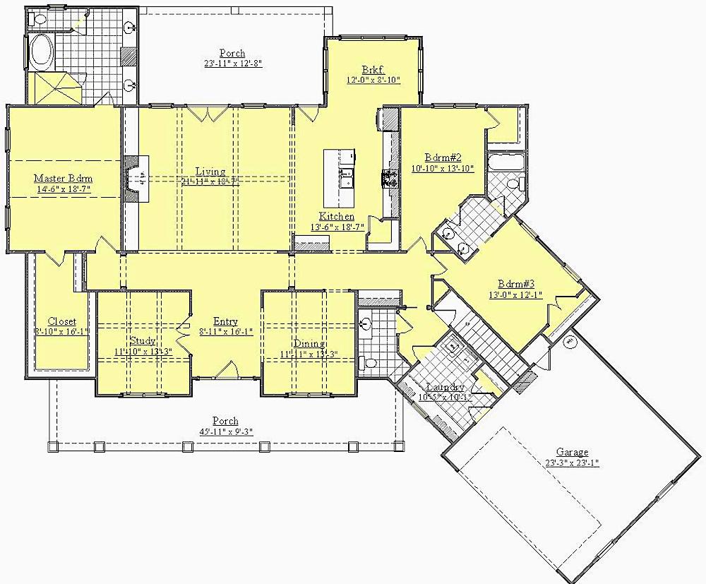 Floor Plan Main Level of Farmhouse Plan #201-1005